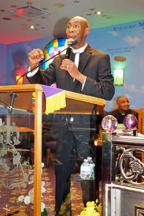 Pastor Edwert "Ed" Jeffers pays tribute to Alleyne DeRoche at her funeral on Feb. 24 at Faith Apostolic Church on Pacific Avenue in Crown Heights, Brooklyn.