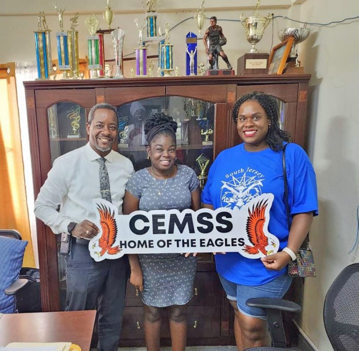 Photo left, Kelvis Alford, deputy principal of the Charles E. Mills Secondary School, Niketa Isles, teacher and team manager at Charles E. Mills Secondary School, and Kylla Herbert, president South Jersey Caribbean Cultural and Development organization during the second in-person meeting at CEMSS regarding Charles E. Mills Secondary School's participation at Penn Relays in February 2023.