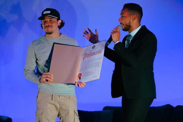 Grammy-Winning Actor Anthony Ramos (left) receives proclamation from Brooklyn Borough President Antonio Reynoso.