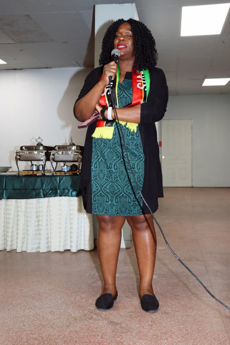 Kylla Herbert addresses reception late last month, at the Calabash Restaurant and Lounge in Philadelphia, PA, for St. Kitts and Nevis, Belize and St. Vincent and the Grenadines athletes at the Penn Relays.