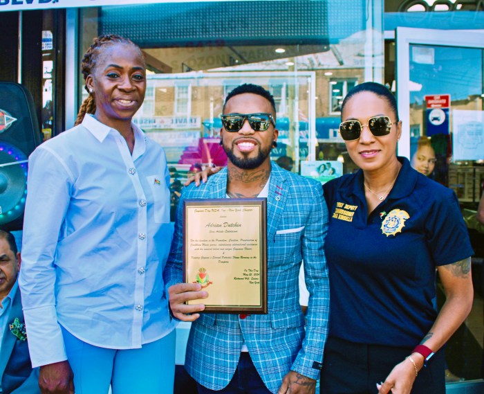 Honorees, NYFD Lieutenant Tracy Lewis, Soca Monarch Adrian Dutchin, and First Deputy Commissioner Tania I. Kinsella at the 58th Independence Anniversary celebration awards, hosted by the Guyana Day USA Inc. New York chapter on Liberty Avenue, Queens.