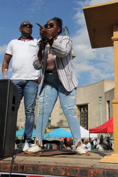 Former Guyanese MP Simona Brooms, with Rickford Burke, co-chair of GOAR and president of the Brooklyn-based Caribbean Guyana Institute for Democracy (CGID), addresses Guyanese rally in Brooklyn, on Aug. 15, 2021 against alleged racism in homeland