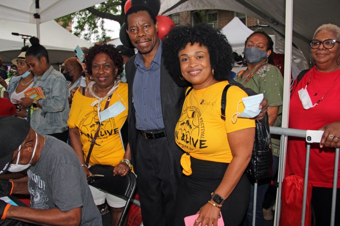 Former Council Member Dr. Mathieu Eugene with Yolanda Lezama-Clark (left) and her daughter, Leah Clark-Brisard, during the CLACC-C Youth Pan Fest in Brooklyn in August 2021.