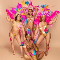 Revelers dressed in costumes ready to revel with NOMADS Costume band on Labor Day, presented by band leader Marlon Jacobs in collaboration with a Guyana Government delegation from Georgetown.