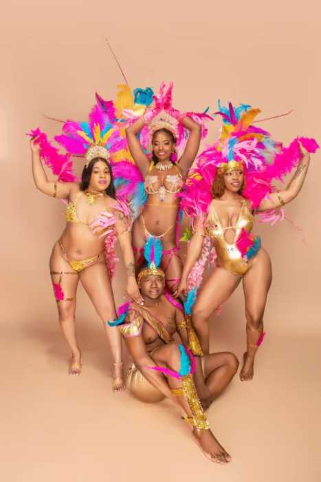 Revelers dressed in costumes ready to revel with NOMADS Costume band on Labor Day, presented by band leader Marlon Jacobs in collaboration with a Guyana Government delegation from Georgetown.