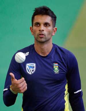 South Africa's Keshav Maharaj during nets.