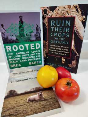 Books on Farms, Food, and Farming History by various authors.