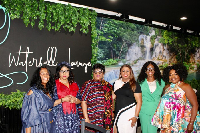 A partnership between Guyanese and Nigerian nationals -UN delegates discussed closing the gender gap in science, STEM last Thursday in Brooklyn. From left, Bibi Alli, Power of the Soil, Dr. Ezinne Kalu, Chioma Iwuagu Udegbunam Phd., Dimple Willabus, Cloyette Harris-Stoute, and Doris Rodney, proprietress of Water Fall Lounge, 4703 Church Ave.