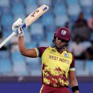 West Indies' Hayley Matthews celebrates after reaching her half-century during the Women's Cricket T20 World Cup match against England at the Dubai International Cricket Stadium, Dubai, United Arab Emirates on Oct. 15, 2024.