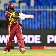 West Indies' Deandra Dottin plays a shot during the ICC Women's T20 World Cup cricket semi-final match between New Zealand and West Indies at the Sharjah Cricket Stadium in Sharjah on Oct. 18, 2024.