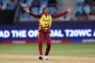 Afy Fletcher of West Indies appeals unsuccessfully for the wicket of Nat Sciver-Brunt of England during the ICC Women's T20 World Cup 2024 match between England and West Indies at Dubai International Stadium on Oct.15, 2024 in Dubai, United Arab Emirates.