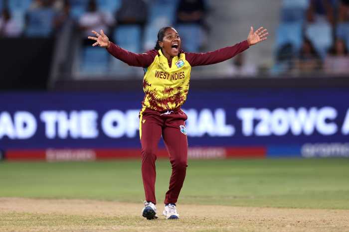 Afy Fletcher of West Indies appeals unsuccessfully for the wicket of Nat Sciver-Brunt of England during the ICC Women's T20 World Cup 2024 match between England and West Indies at Dubai International Stadium on Oct.15, 2024 in Dubai, United Arab Emirates.