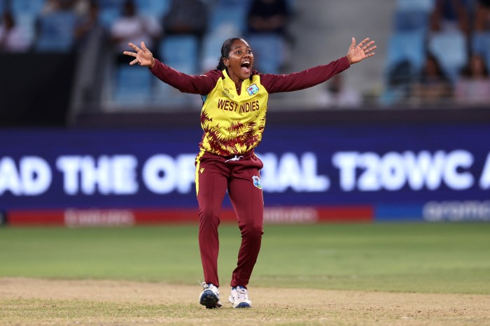 Afy Fletcher of West Indies appeals unsuccessfully for the wicket of Nat Sciver-Brunt of England during the ICC Women's T20 World Cup 2024 match between England and West Indies at Dubai International Stadium on Oct.15, 2024 in Dubai, United Arab Emirates.
