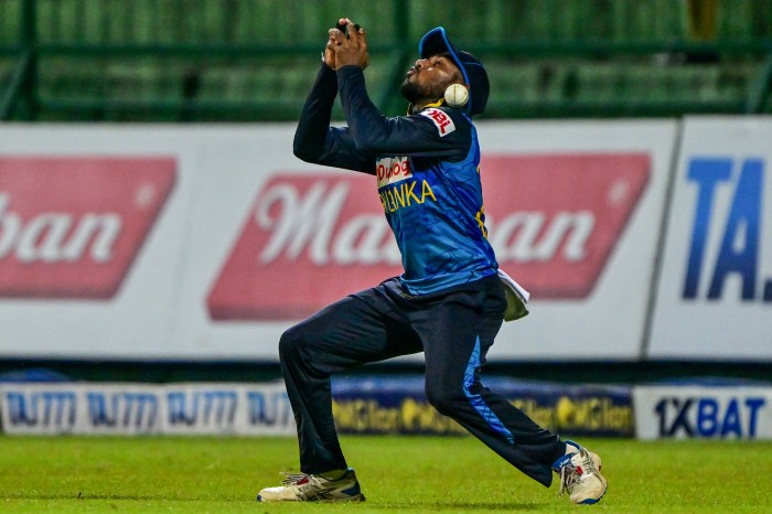 Sri Lanka's Nishan Madushka drops a catch of West Indies' Sherfane Rutherford during the second one-day international (ODI) cricket match between Sri Lanka and West Indies at the Pallekele International Cricket Stadium in Kandy on Oct. 23, 2024.