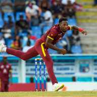 Matthew Forde of West Indies bowls during the 2nd ODI between West Indies and England at Vivian Richards Cricket Stadium in North Sound, Antigua and Barbuda, on Nov. 2, 2024.