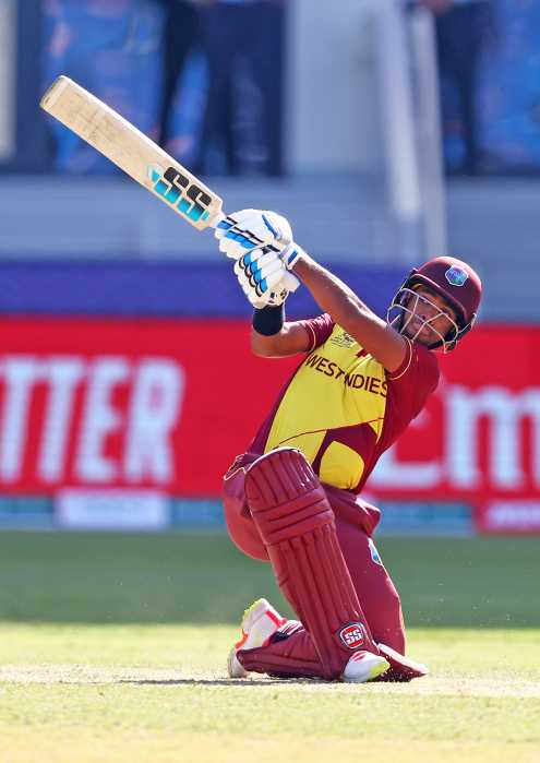 Nicholas Pooran of West Indies plays a shot during the ICC Men's T20 World Cup match between South Africa and West Indies at Dubai International Stadium on Oct. 26, 2021 in Dubai, United Arab Emirates.