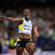 Julien Alfred of Team Saint Lucia celebrates winning the gold medal during the Women's 100m Final on day eight of the Olympic Games Paris 2024 at Stade de France on Aug. 3, 2024 in Paris, France.