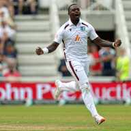 Jayden Seales of the West Indies celebrates after taking the wicket of Harry Brook during day four of the 2nd Test Match between England and the West Indies at Trent Bridge on July 21, 2024 in Nottingham, England.