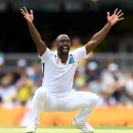 Kemar Roach of the West Indies appeals to the umpire for the wicket of Steve Smith of Australia and is successful during day two of the Second Test match in the series between Australia and West Indies at The Gabba on Jan. 26, 2024 in Brisbane, Australia.