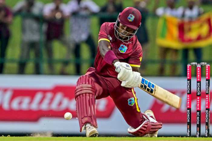 West Indies' Sherfane Rutherford plays a shot during the second one-day international (ODI) cricket match between Sri Lanka and West Indies at the Pallekele International Cricket Stadium in Kandy on Oct. 23, 2024.
