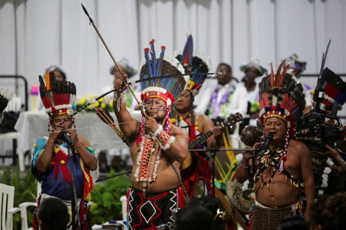 Indigenous leaders and supporters of Suriname's ex-President Desi Bouterse gather for his memorial service on the eve of his cremation at the party Centre Ocer of the National Democratic Party, in Paramaribo, Suriname Jan. 3, 2025.