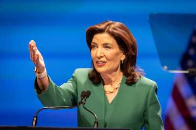New York State Governor Kathy Hochul delivers her State of the State speech at the Empire State Plaza Convention Center in Albany, New York on Jan. 14, 2025.
