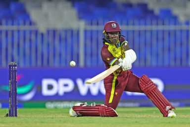 Deandra Dottin of West Indies bats during the ICC Women's T20 World Cup Semi-Final 2024 match between West Indies and New Zealand at Sharjah Cricket Stadium on Oct.r 18, 2024 in Sharjah, United Arab Emirates.
