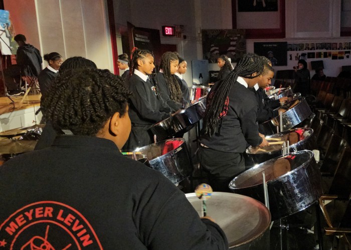 The Meyer Levin Steel Pan Band performing at the Black History showcase, “Every Voice.”