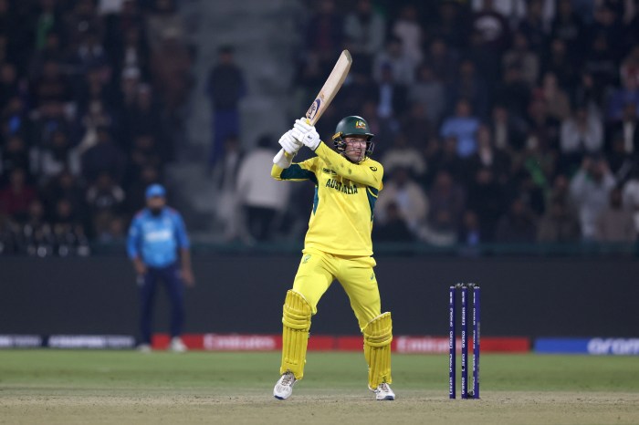 Alex Carey of Australia plays a shot during the ICC Champions Trophy 2025 match between Australia and England at Gaddafi Stadium on Feb. 22, 2025 in Lahore, Pakistan.