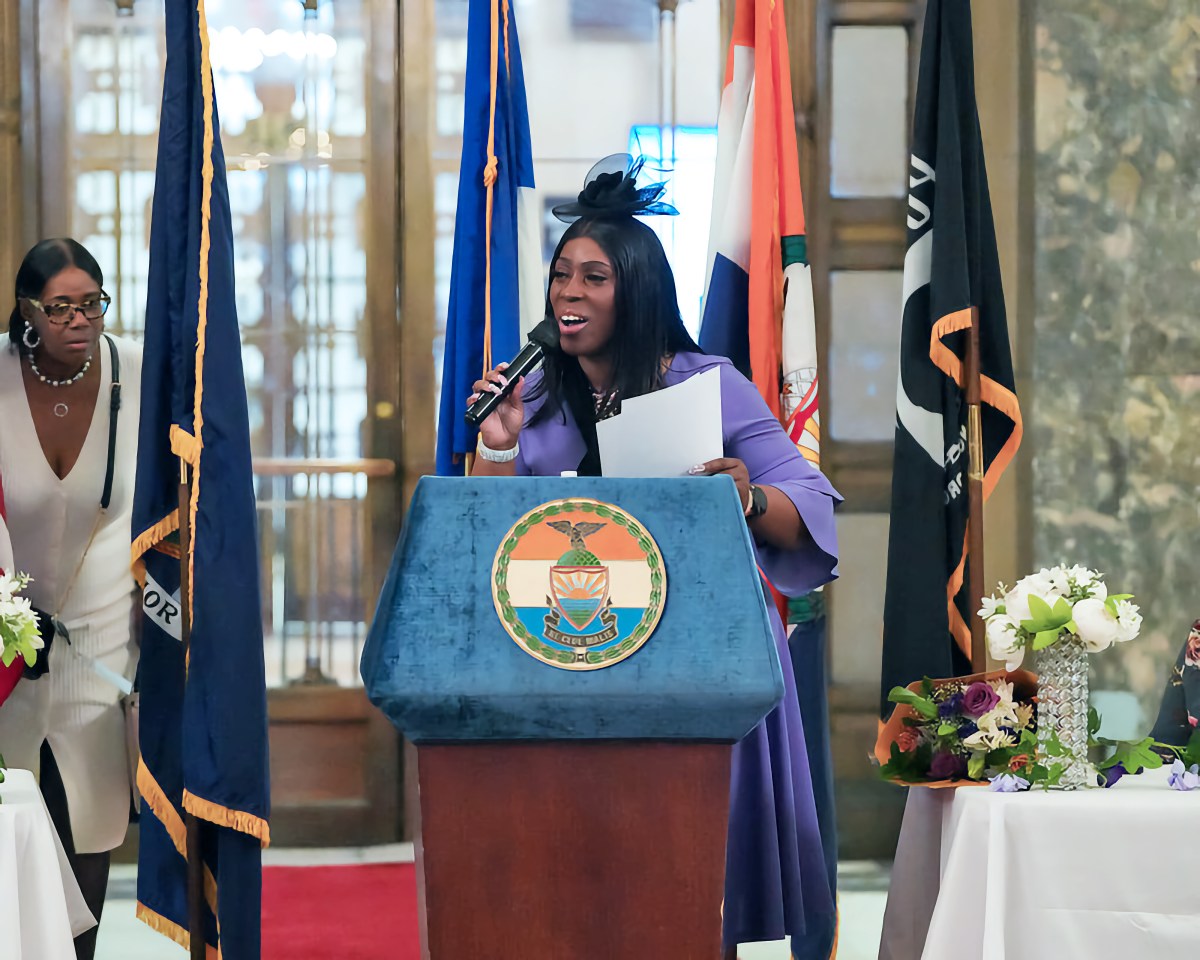 Bronx Borough Prez Vanessa L. Gibson addresses a Women’s History Month celebration in the Bronx.