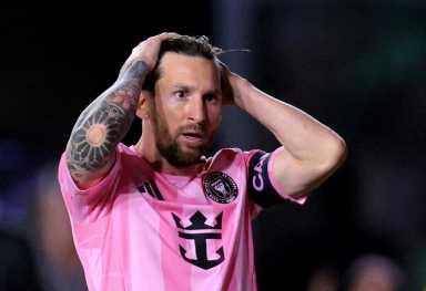 Inter Miami CF forward Lionel Messi (10) reacts against New York City FC during the second half at Chase Stadium.