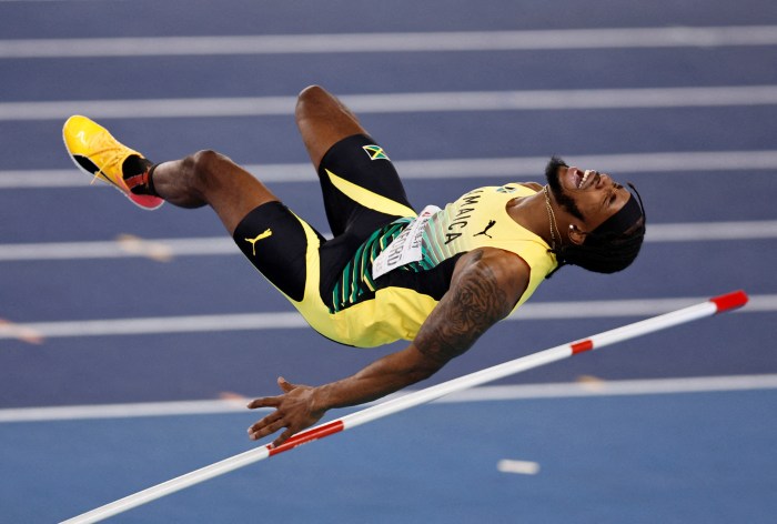 World Athletics Indoor Championships - Nanjing Youth Olympic Sports Park, Nanjing, China - March 21, 2025 Jamaica's Romaine Beckford in action during the Men's High Jump Final.