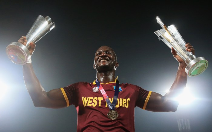Darren Sammy, Captain of the West Indies celebrates his teams win after defeating England during the ICC World Twenty20 India 2016 Final between England and West Indies at Eden Gardens on April 3, 2016 in Kolkata, India.