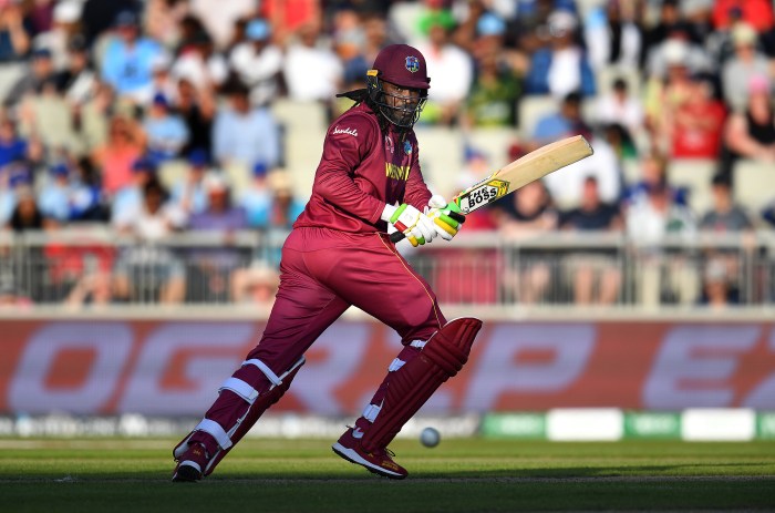 Chris Gayle of West Indies in action batting during the Group Stage match of the ICC Cricket World Cup 2019 between West Indies and New Zealand at Old Trafford on June 22, 2019 in Manchester, England.