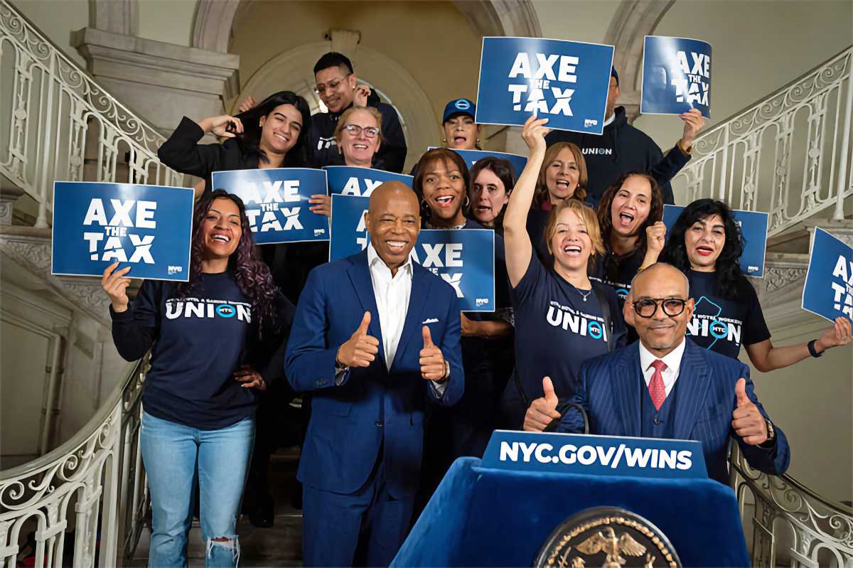 Mayor Adams leads a rally thanking state partners for supporting ‘Axe the Tax for the Working Class.’