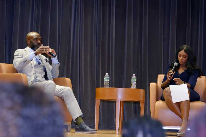 Michael Blake with Ayana Harry at the Democratic Mayoral Forum on the Black Agenda at Medgar Evers College on Wednesday, April 23, 2025.