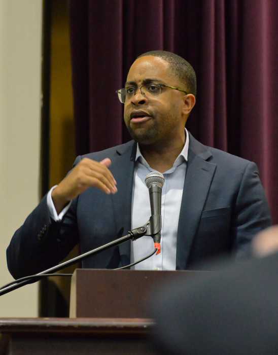 State Senator Zellnor Myrie at the Democratic mayoral Forum on the Black Agenda held at Medgar Evers College on Wednesday, April 23, 2025.