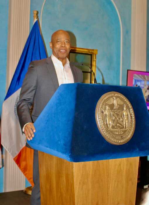 Mayor Eric L. Adams addressed a packed audience of women in the Grand Ballroom of Gracie Mansion, last Thursday to honor Women's History Month.