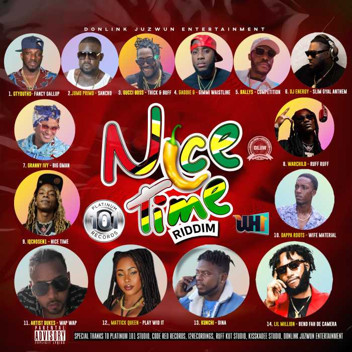 Album cover of "Nice Time Riddim" produced by Gucci Boss and Donlink Juzwun Entertainment.