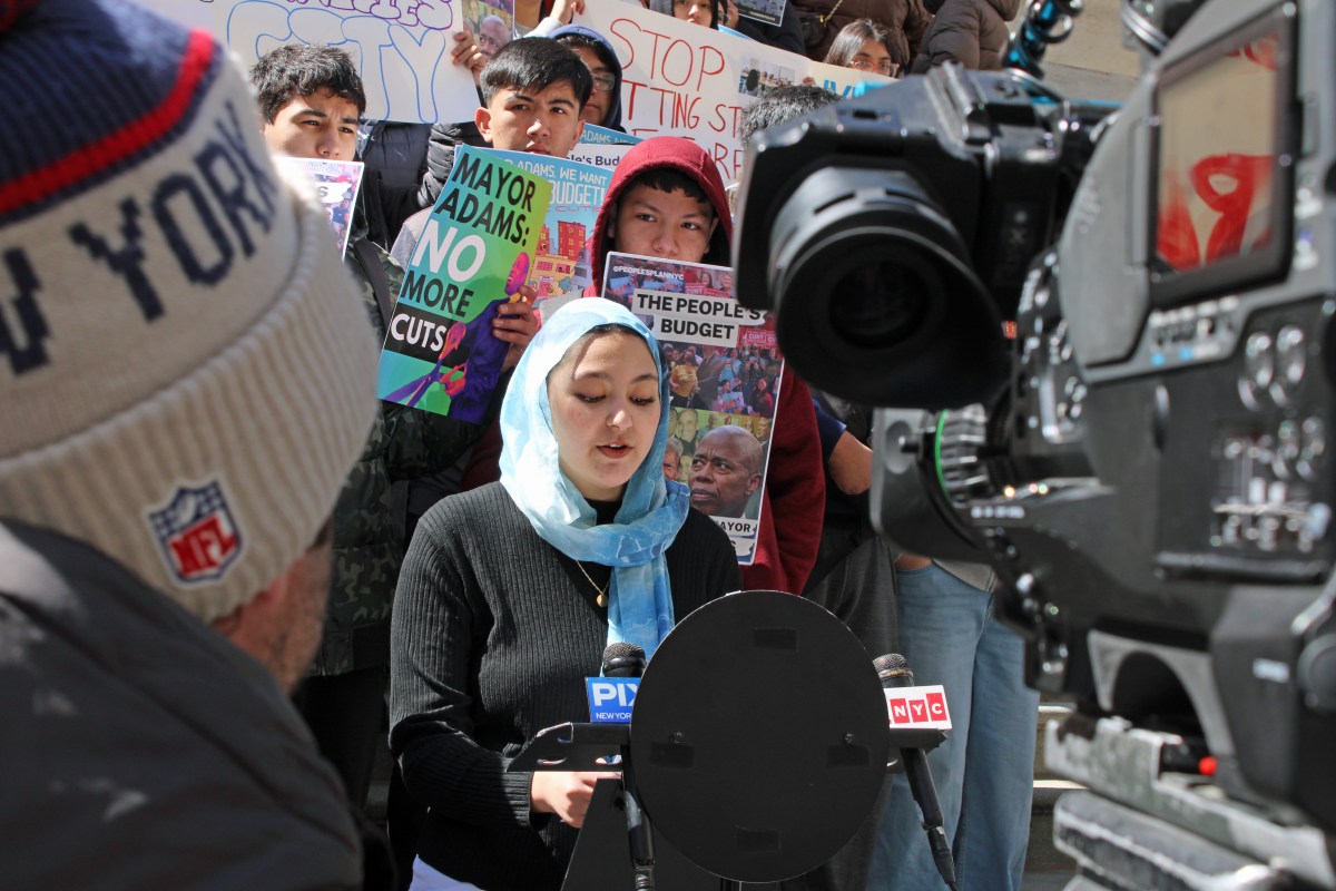 Students rally on the steps of Tweed Courthouse in lower Manhattan on Tuesday, April 8, 2025.
