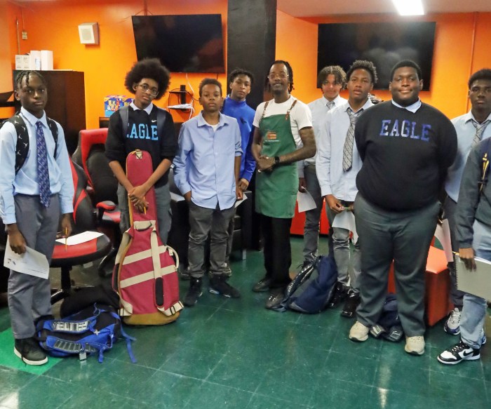 High school students from Eagle Academy participate in a hospitality internship created by Corey Steele, founder of Drink Your Fantasy, in New York. The program teaches service skills, professionalism, and workforce readiness.