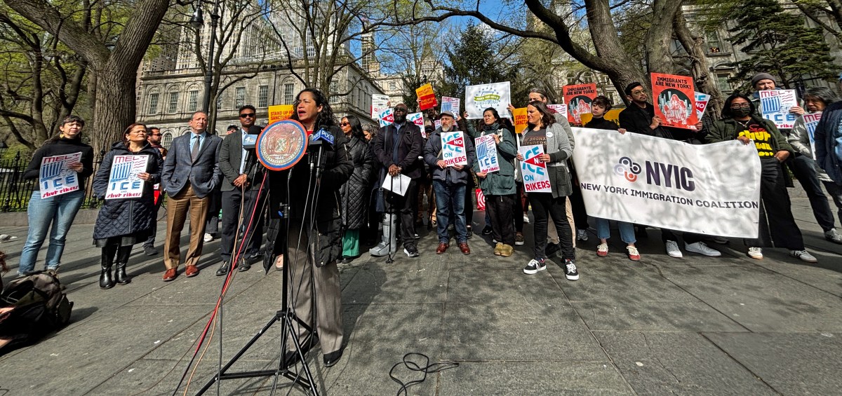 NYIC protests against ICE office on Rikers Island durin a rally on Thursday, April 10, 2025 outside City Hall in lower Manhattan.