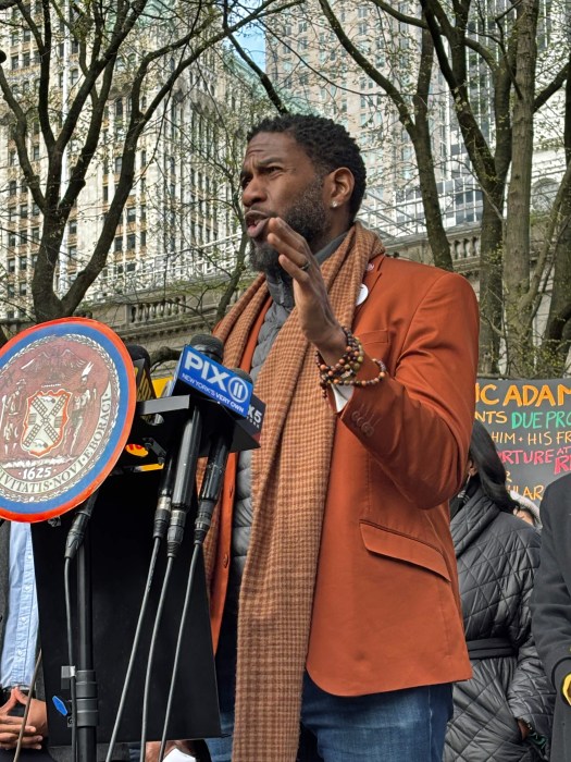 Public Advocate Jumaane Williams addresses rally on Thursday, April 10, 2025 outside City Hall in lower Manhattan.