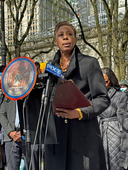 Council Speaker Adrienne Adams addresses rally on Thursday, April 10, 2025 outside City Hall in lower Manhattan.