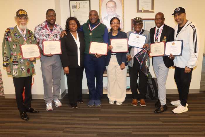 From left, Herbert S. Jackson Sweat, Jr., Levil Jeffers, CACCI President Jean Joseph, Dalton Benn, Council Member Rita Joseph, De-Alvin Wiltshire, Arden Tannis and a representative of Yvette Clarke’s Office.