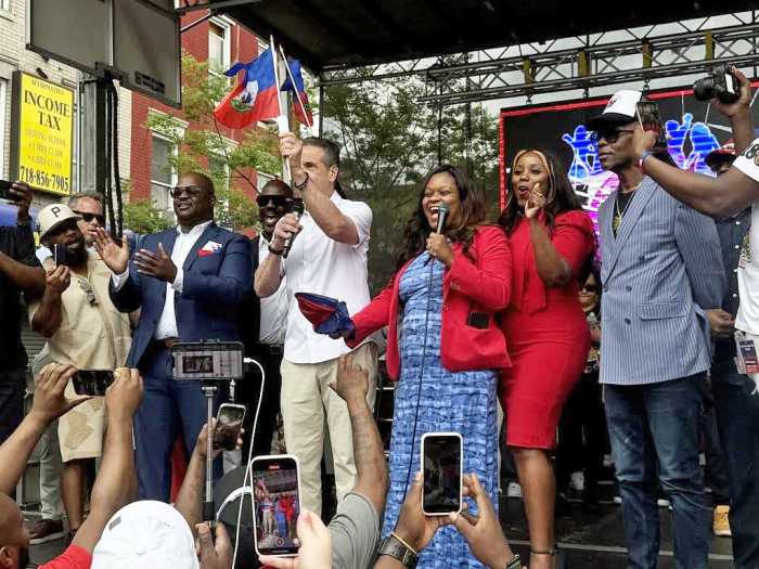 From left District Leader Josue Pierre (AD 42), former Governor and NYC mayoral candidate Andrew Cuomo, Brooklyn Democratic Party Chair and Assemblymember (AD 42) Rodneyse Bichotte Hermelyn, and City Council Member Farah N. Louis.
