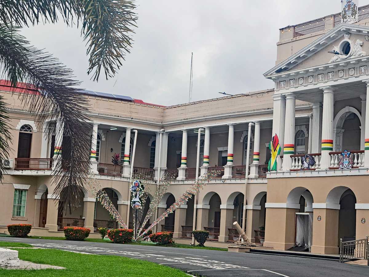 The majestic Parliament Building that houses the National Assembly of Guyana in the capital city of Georgetown, is festooned with national flags, and colorful lighting to mark the May 26 Independence Day.