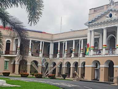 The majestic Parliament Building that houses the National Assembly of Guyana in the capital city of Georgetown, is festooned with national flags, and colorful lighting to mark the May 26 Independence Day.
