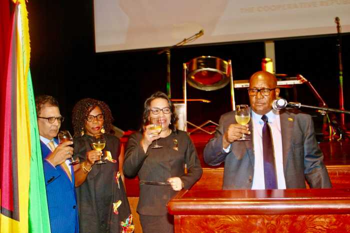 Guyana's diplomats hosted a 59th Anniversary of Independence reception at JPAC on May 21, imbued with honor and patriotism to start a week of activities in the diaspora. From left, Fazil Joe Yussuff, emcee Claire Patterson Monah, Ambassador Carolyn Rodrigues Birkett, and Consul General Ambassador Michael E. Brotherson.