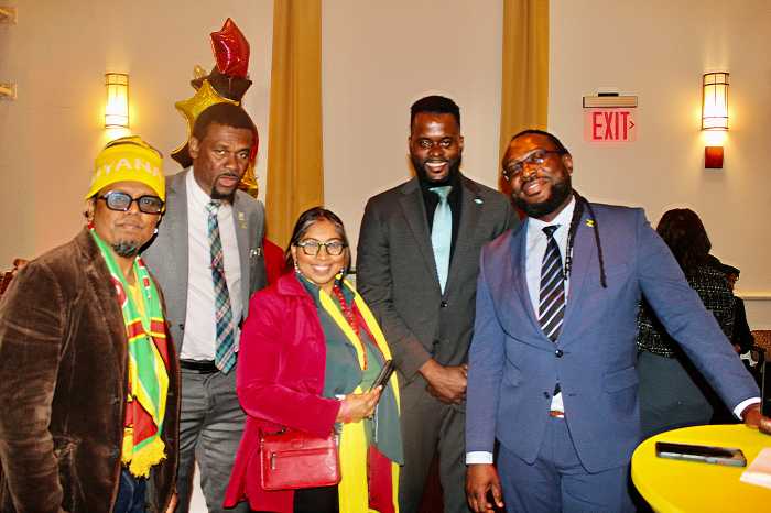 From left Queens "DJ" Cabbage, Consul General of St. Vincent with Members of the Caribbean Counselor Corps.Rony McIntosh, Queens personality Davi, and Communications Officer of the Jamaica Consulate Christopher Benjamin, at a reception at JPAC, Queens on May 21 hosted by Guyana’s diplomatic offices to commemorate the nations 59th Anniversary of Independence.